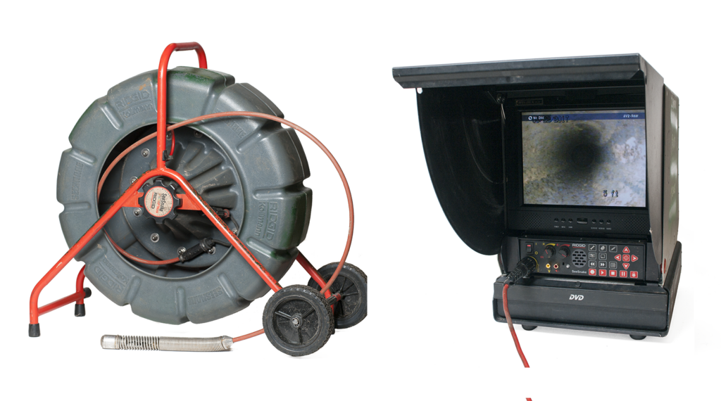 "Image of a digital recording camera reel on the left and a digital recording monitor on the right, used for inspecting pipes and capturing footage."