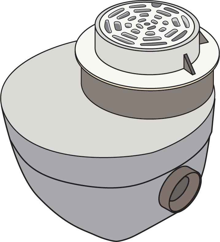 "Illustration of a cylindrical concrete catch basin with a grated top and a side outlet pipe."