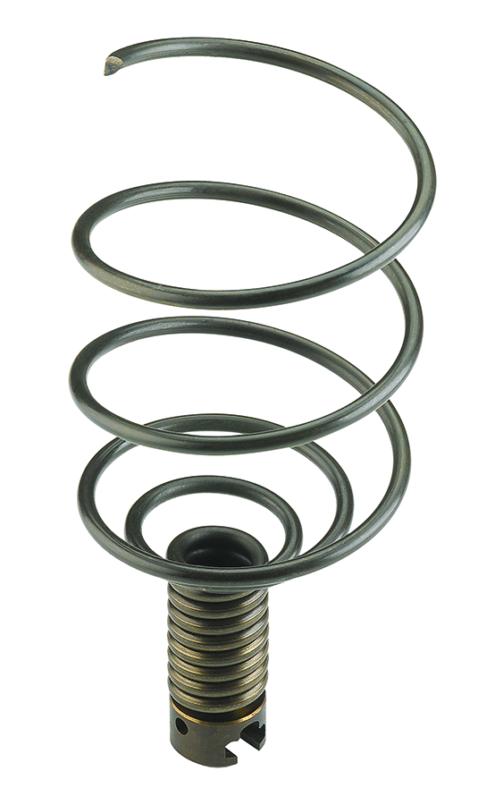 "Image of a hook auger attachment, featuring a spiral coil design with an open hook at the top, used for retrieving objects or clearing large debris in pipes."