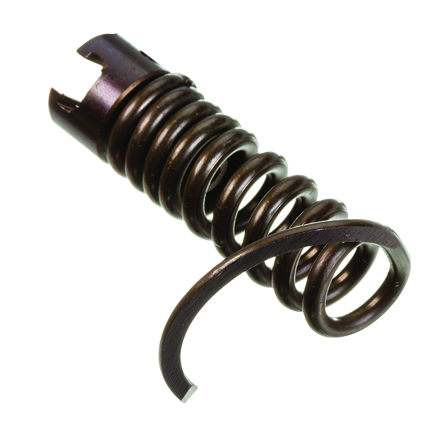 "Image of a retrieving auger attachment, featuring a short coiled design with a hooked end, used for recovering objects or debris from pipes."