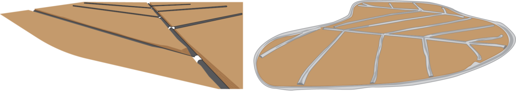 "Illustration showing two examples of drainage trench layouts, one with linear trenches converging at a central point and another with a more irregular, networked pattern."