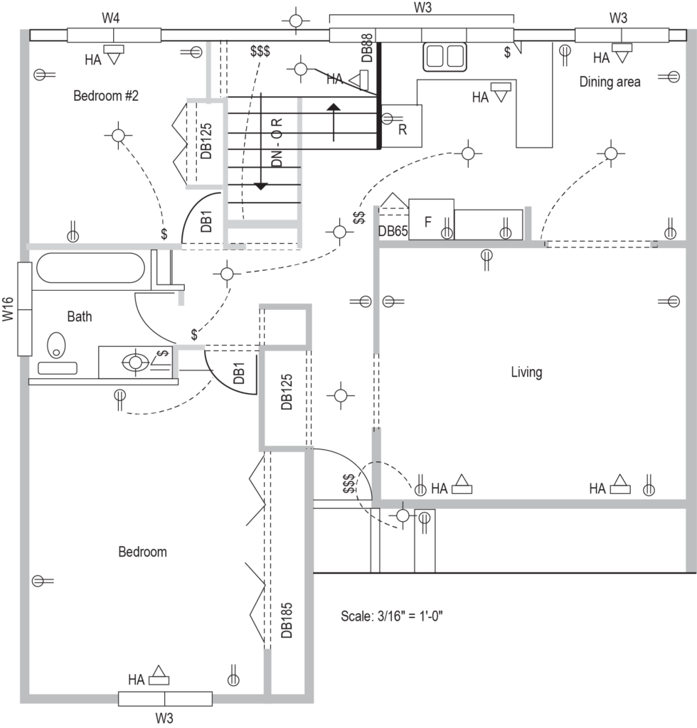 "Typical electrical plan showing the layout of outlets, switches, and light fixtures throughout a house. The diagram includes rooms such as bedrooms, a bathroom, living area, dining area, and kitchen, along with labels for switches (S), lighting (HA), and other electrical features."