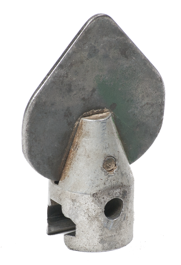 "Image of a spade cutter attachment, featuring a flat, triangular blade designed for cutting through debris or roots in pipes."
