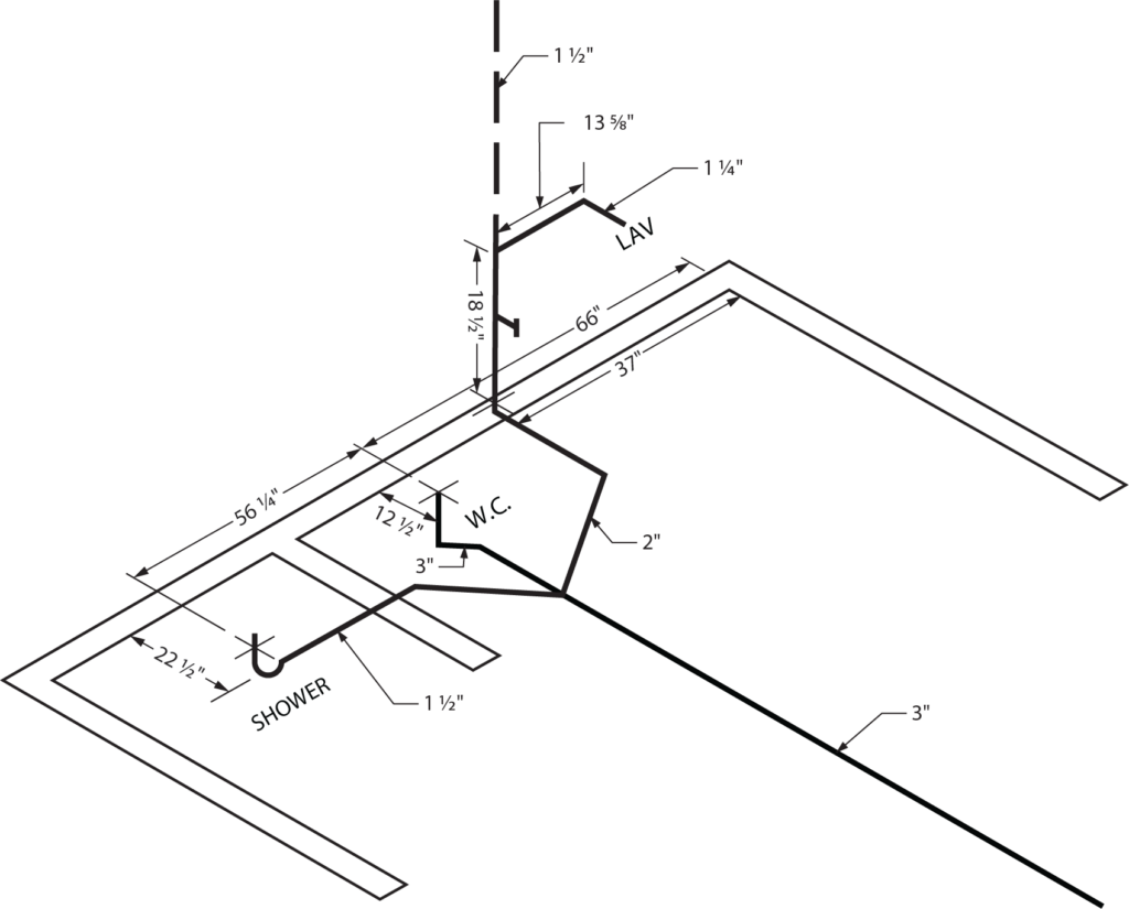 This diagram shows a dimensioned isometric view of a three-piece bathroom group, highlighting the lavatory, water closet, and shower. The piping dimensions and connections are clearly labeled, giving a 3D perspective of the system layout.