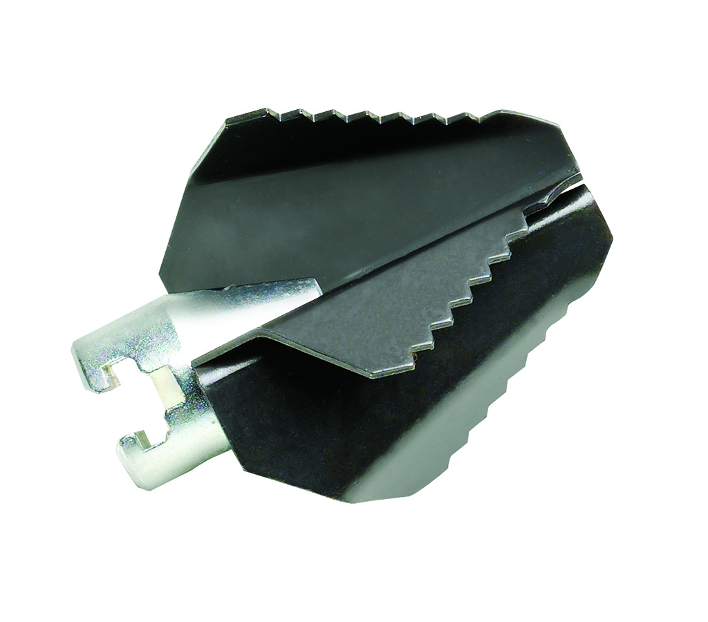 "Image of a four-blade sawtooth cutter attachment, featuring jagged edges on each blade, designed for cutting through tough debris in pipes."
