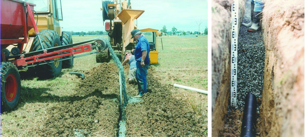 "Two images showing the installation of a main French drain: one with machinery placing gravel into a trench and another showing a close-up of a perforated pipe in the trench."