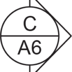 "Diagram showing an elevation reference symbol, with the letter 'C' in the upper half and 'A6' in the lower half of a circle, along with a triangular pointer on the right side."
