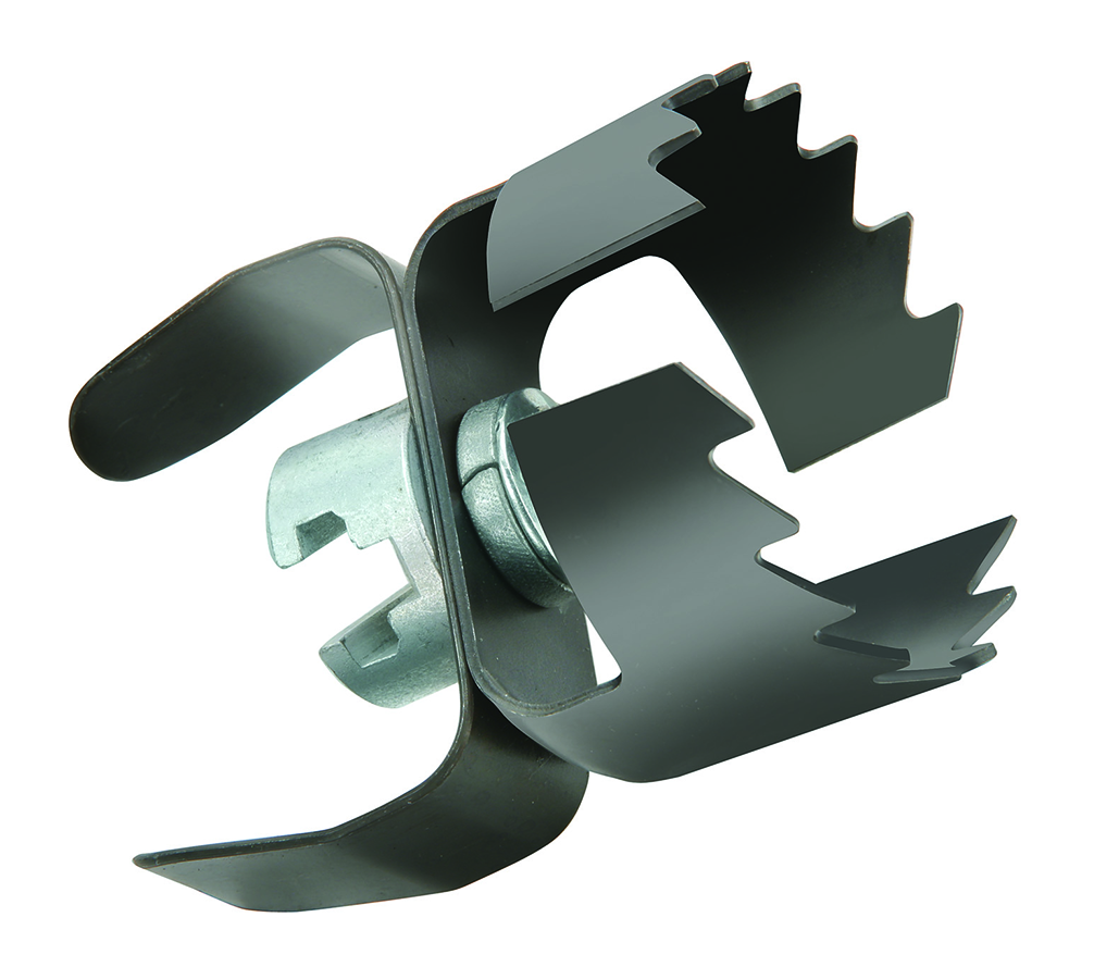 "Image of a sawtooth cutter attachment, featuring multiple jagged blades arranged in a circular pattern, designed for cutting through obstructions in pipes."