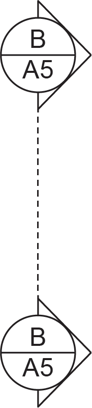 "Diagram showing a section reference symbol with two identical circular symbols connected by a dashed line. Each symbol contains the letter 'B' in the top half and 'A5' in the bottom half, with triangular pointers on the right side of both circles."