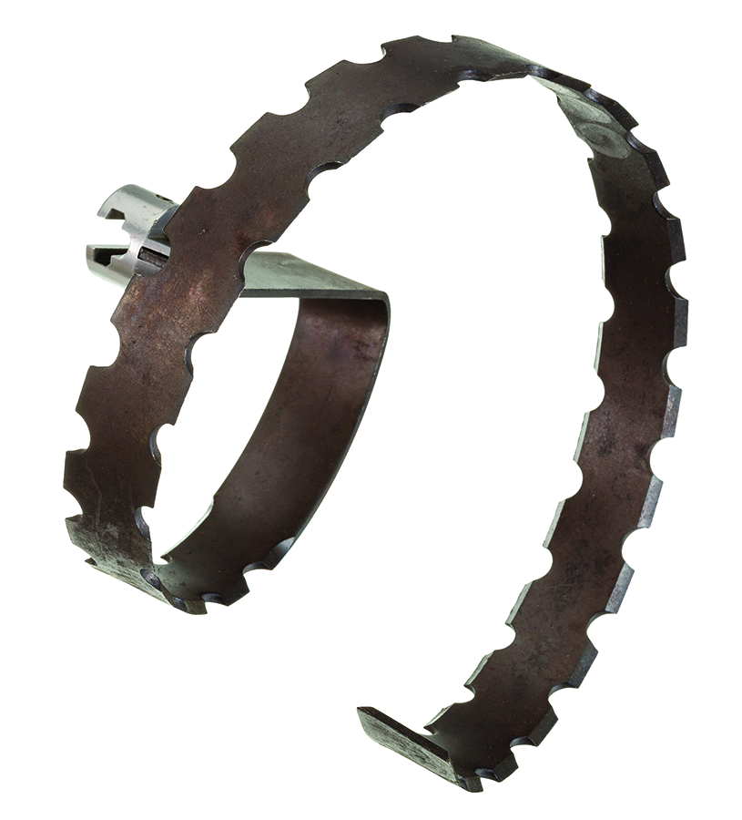 "Image of a spiral bar cutter attachment, featuring a coiled, serrated blade designed for cutting through roots and other tough obstructions in pipes."