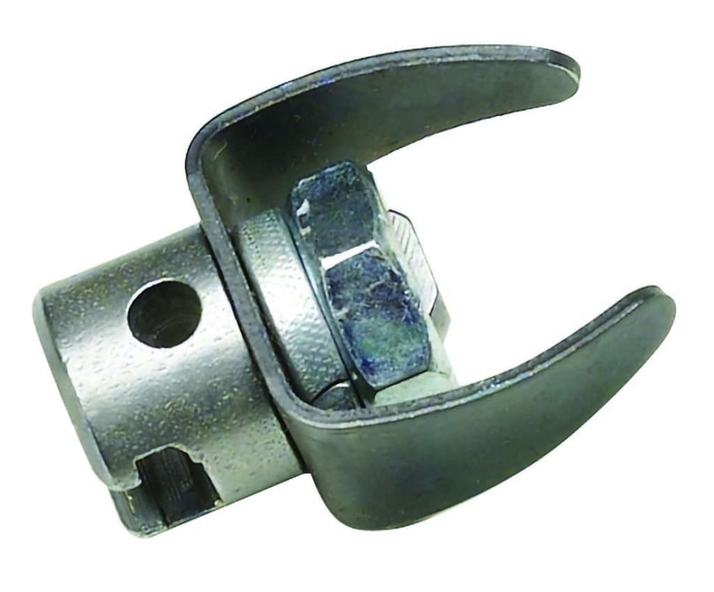 "Image of a grease C cutter attachment, featuring a C-shaped blade designed for scraping grease and sludge from the interior of pipes."