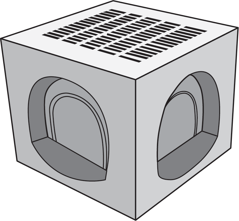 "Illustration of a rectangular catch basin with multiple inlet openings and a grated top for water drainage."
