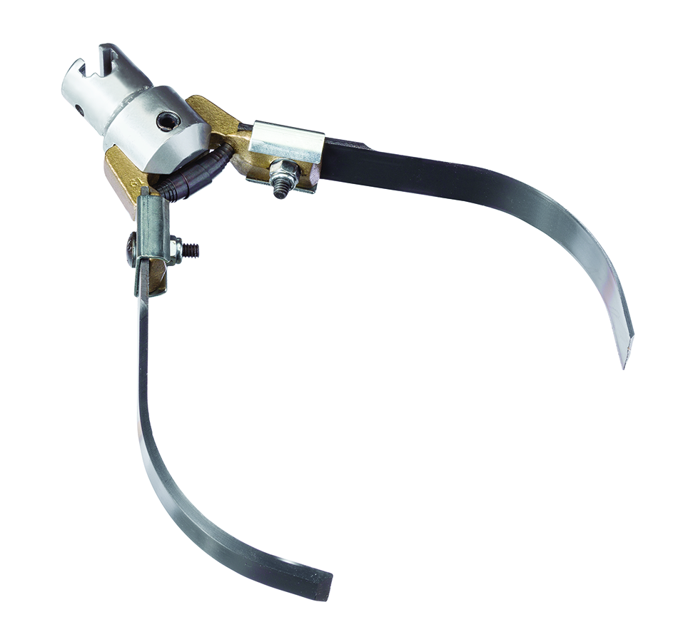 "Image of an expanding finish cutter attachment, featuring adjustable curved blades designed to expand and clean the interior of pipes."