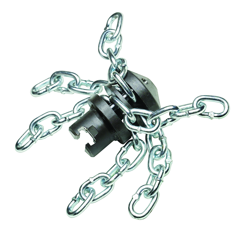 "Image of a chain knocker attachment, featuring multiple metal chains designed to spin and clear debris, roots, or buildup from the interior of pipes."