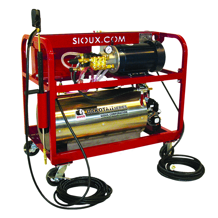 "Image of a steam-powered drain cleaner, featuring a compact frame with a steam generator, hoses, and control valves, designed for clearing blockages using high-temperature steam."