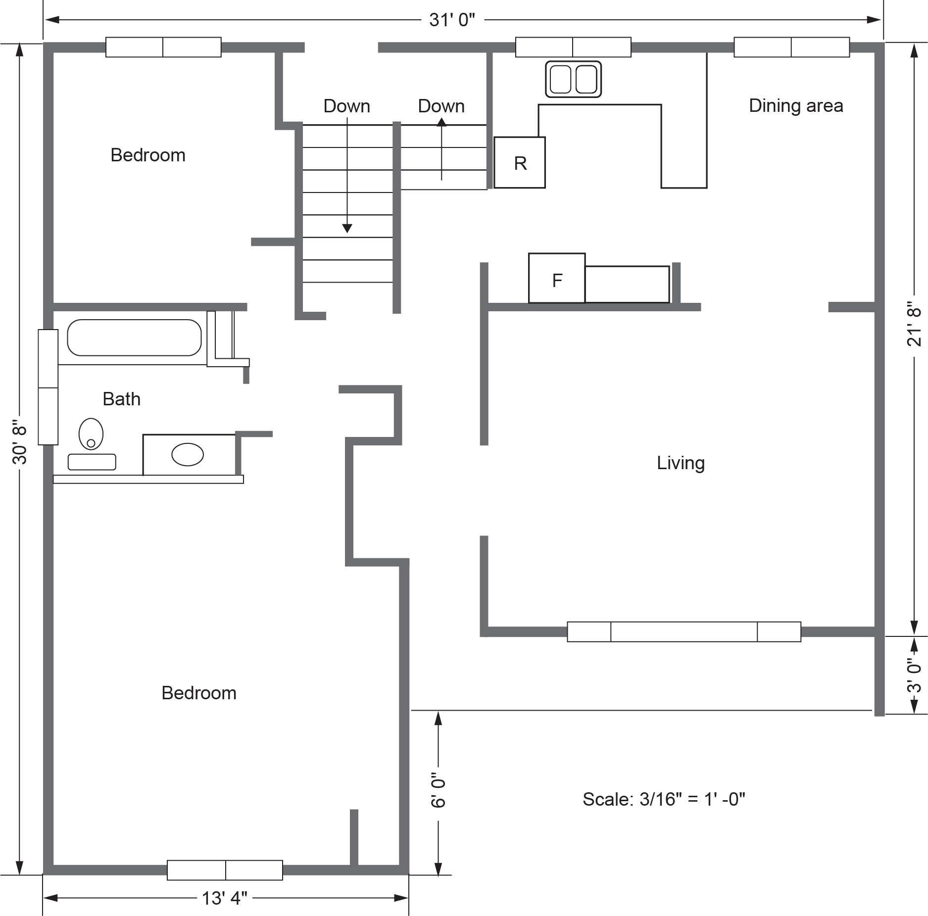 "Main (upper) floor plan diagram showing two bedrooms, a bathroom, a living area, a dining area, and a kitchen. Stairs labeled 'Down' are located between the kitchen and living area. The dimensions of the rooms and overall layout are also included."