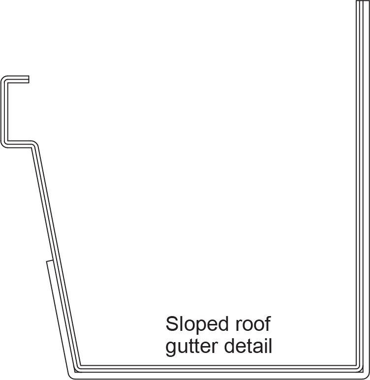 The diagram illustrates the cross-section of a roof gutter system designed for a sloped surface. It shows how the gutter is positioned to catch water runoff from a sloped roof and direct it into the drainage system.