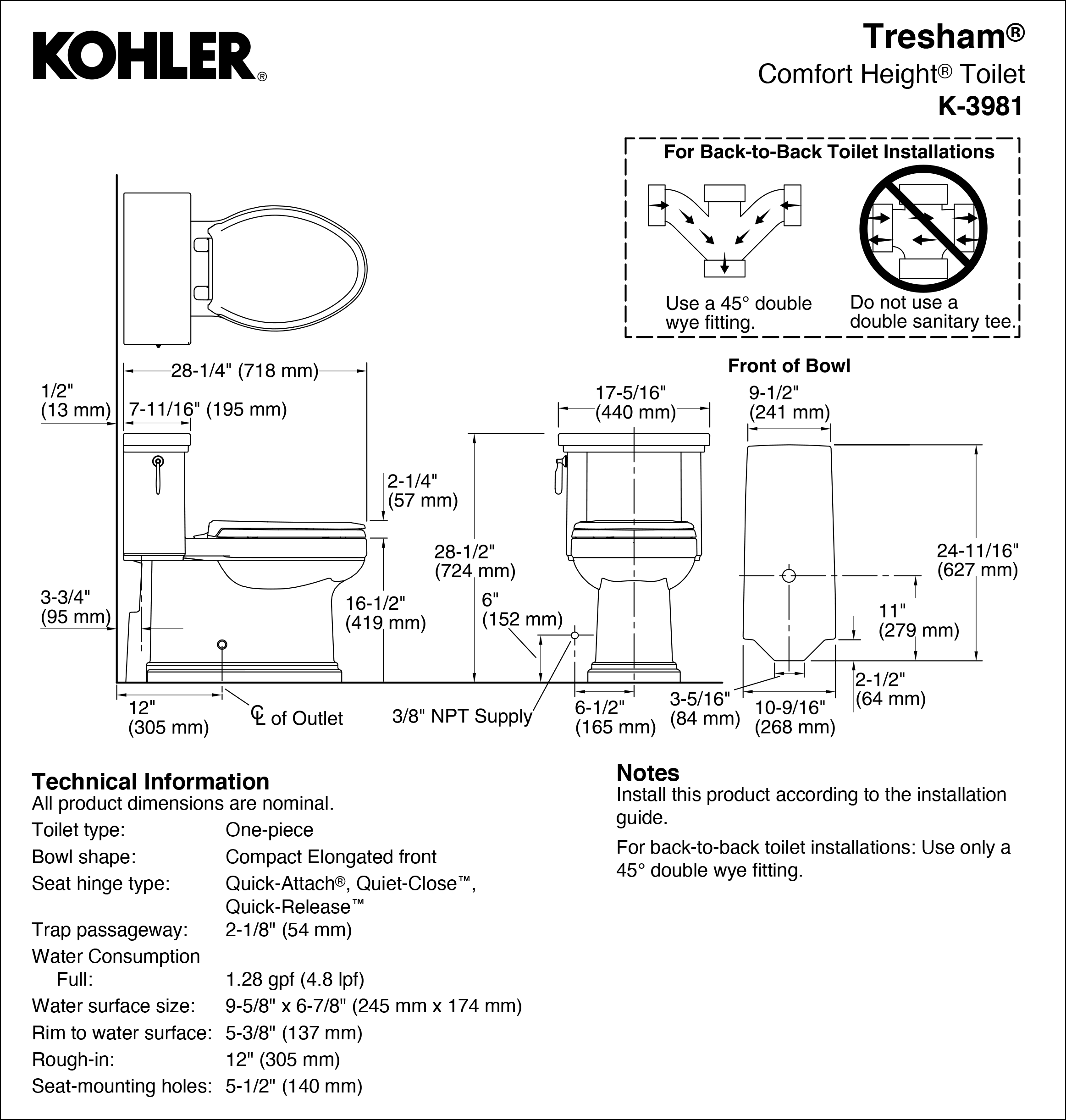 "Manufacturer's rough-in specification sheet for the Kohler Tresham® Comfort Height® Toilet K-3981, showing dimensions and installation guidelines. It includes technical information such as water consumption, trap passageway size, seat hinge type, rough-in dimensions, and installation notes for back-to-back toilet installations using a 45° double wye fitting."