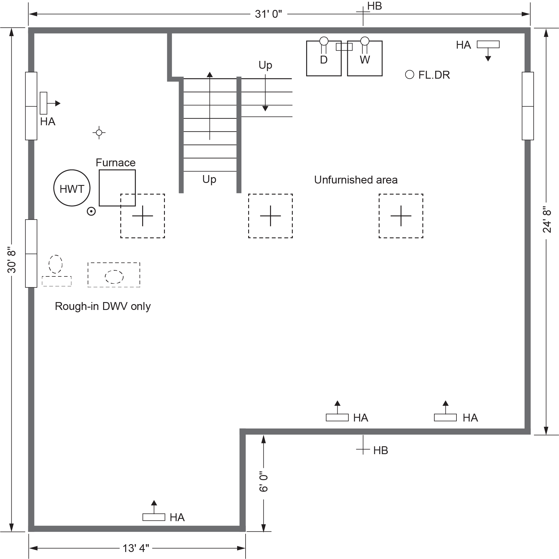 "Main (upper) floor plan diagram showing two bedrooms, a bathroom, a living area, a dining area, and a kitchen. Stairs labeled 'Down' are located between the kitchen and living area. The dimensions of the rooms and overall layout are also included."