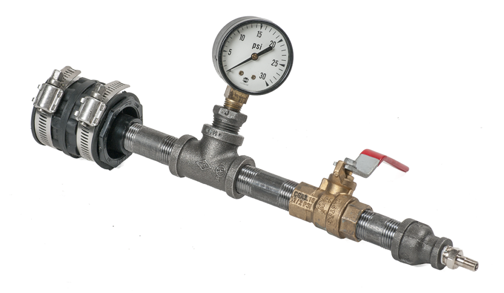 "Image of a pressure testing assembly for DWV (drain, waste, vent) pipe, featuring a pressure gauge, valve, and pipe clamps."