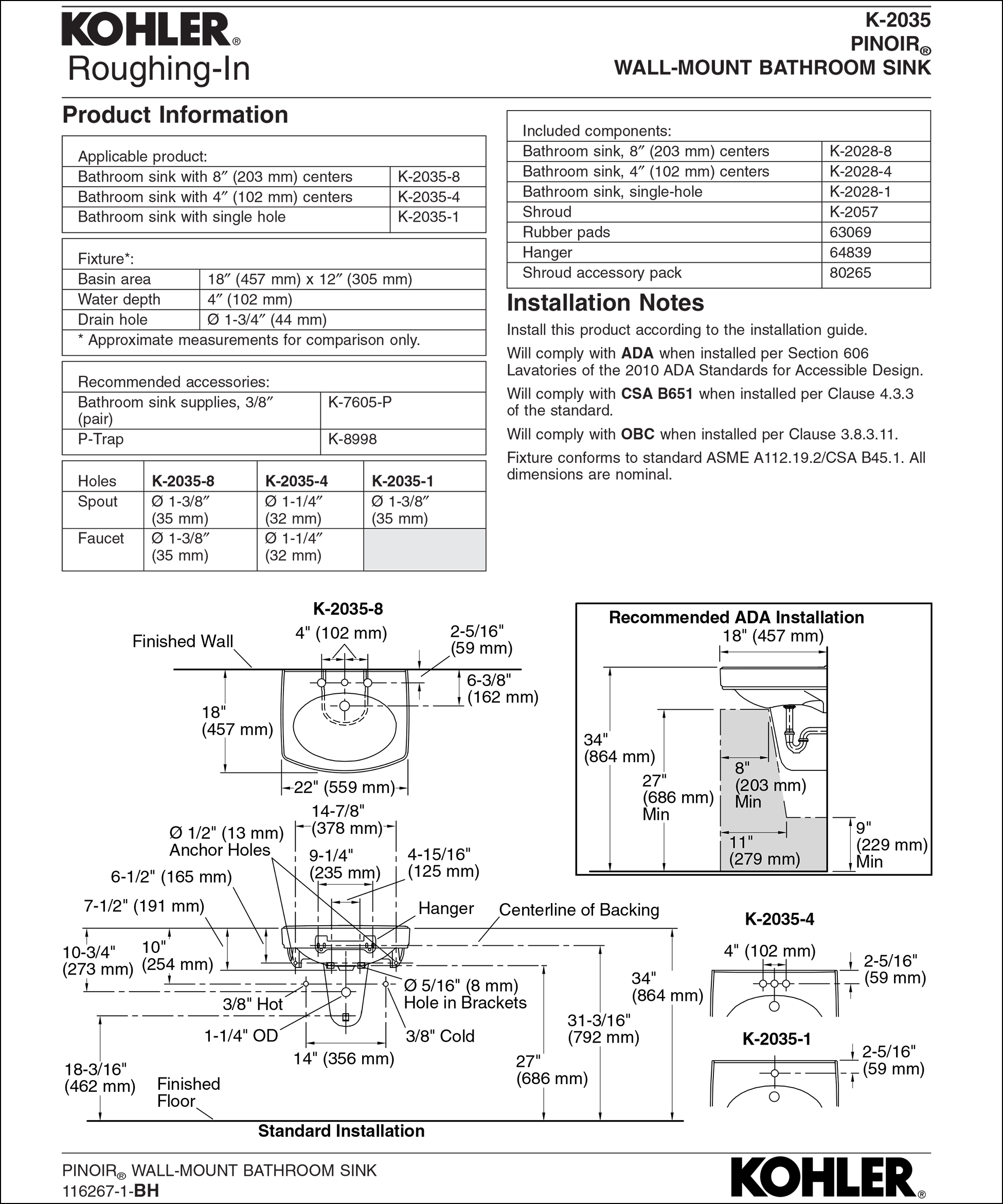 "Manufacturer's rough-in specification sheet for the Kohler K-2035 Pinoir® wall-mount bathroom sink, showing product dimensions, installation notes, and recommended ADA installation guidelines. The sheet includes details on faucet hole sizes, mounting bracket locations, drain hole, water depth, and compliance with ADA and OBC standards."