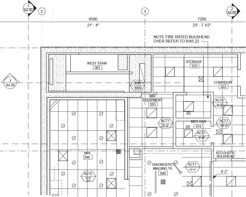 "Portion of a reflected ceiling plan showing detailed layout of rooms such as a waste stair, storage, and mechanical/electrical spaces. Various ceiling fixtures and architectural elements, including fire-rated bulkhead notes, are labeled along with dimensions and structural references."