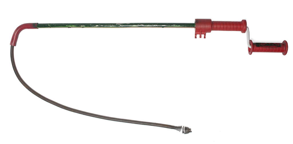 "Image of a water closet drain auger, featuring a long flexible cable and a curved handle for clearing toilet blockages."