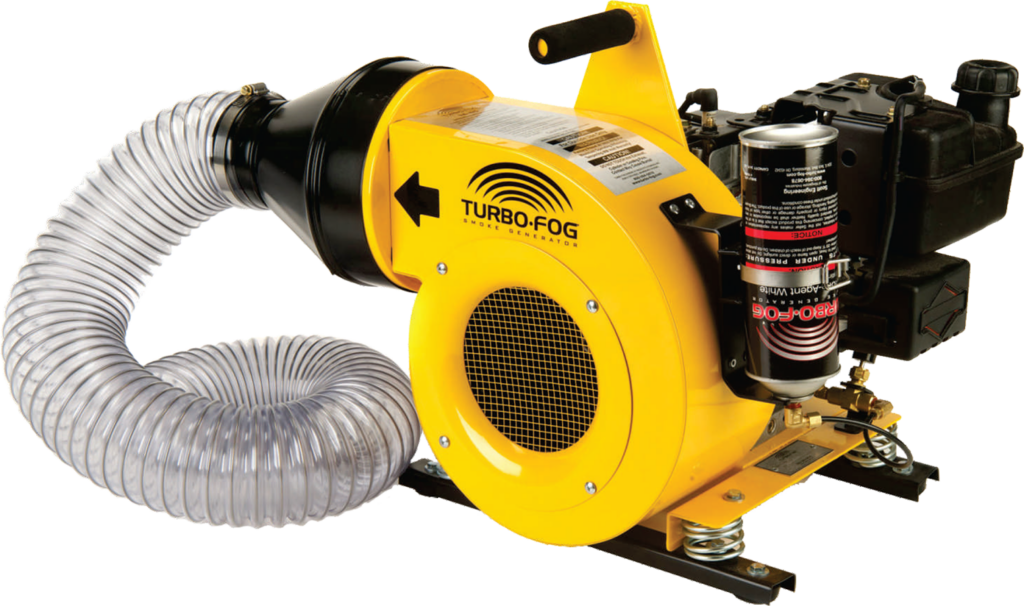 "Image of a smoke testing machine for DWV pipe, labeled 'Turbo-Fog,' using liquefied smoke and featuring a flexible hose for testing."