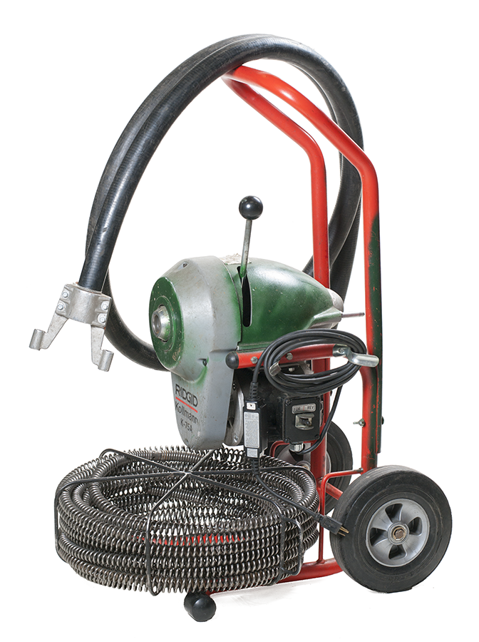 "Image of a large-diameter power drum auger, equipped with a coiled cable, hose, and mounted on a wheeled frame for heavy-duty drain cleaning."