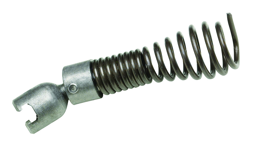 "Image of a drop head auger attachment, featuring a flexible coiled design with a swivel head for navigating pipes and clearing blockages."