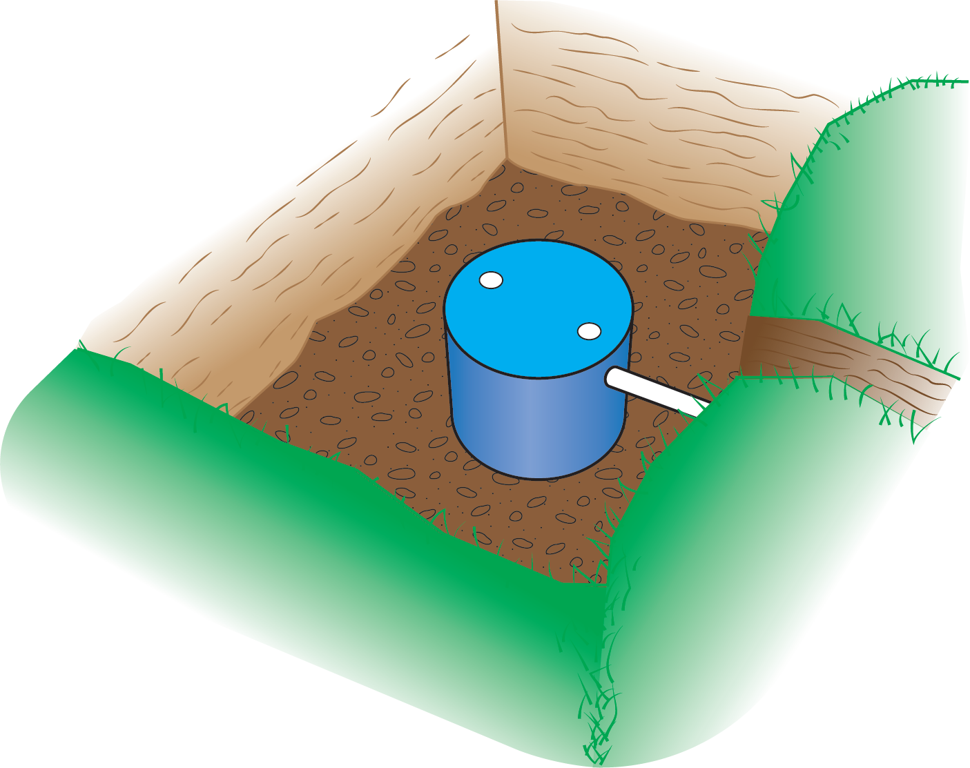 "Illustration of a home-built drywell using a perforated 45-gallon plastic drum, buried in the ground with a connected drainage pipe."