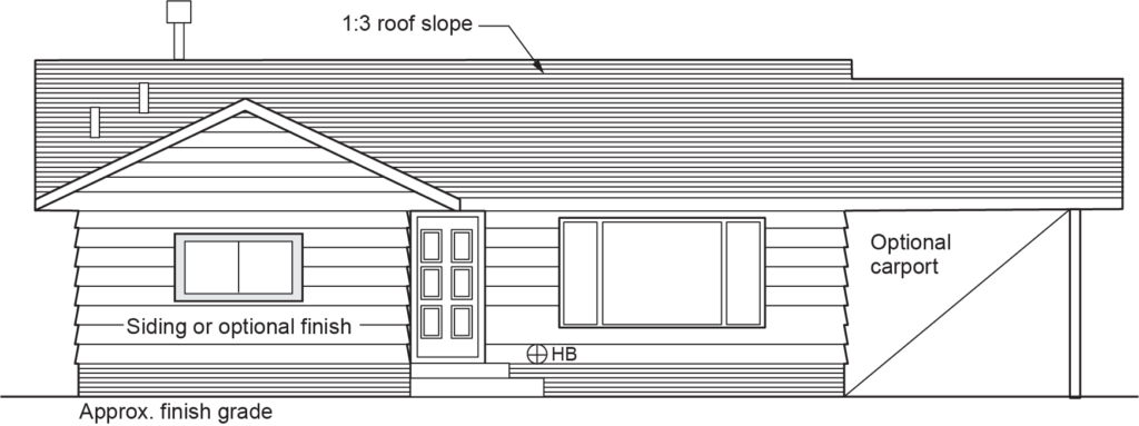 "Front elevation diagram of a building, showing a 1:3 roof slope, siding or optional finish, a door, windows, an optional carport, and approximate finish grade. The diagram also includes a labeled hose bib (HB)."