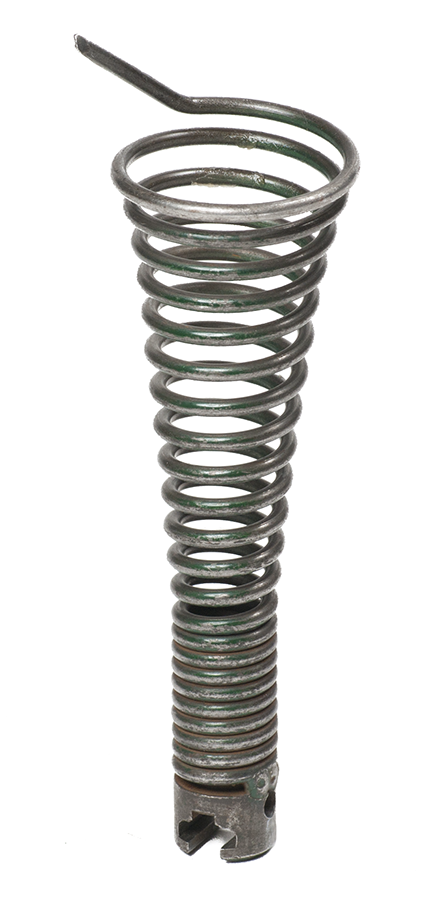 "Image of a funnel auger attachment, featuring a wide coiled design that narrows towards the base, used for retrieving objects or clearing larger debris in pipes."